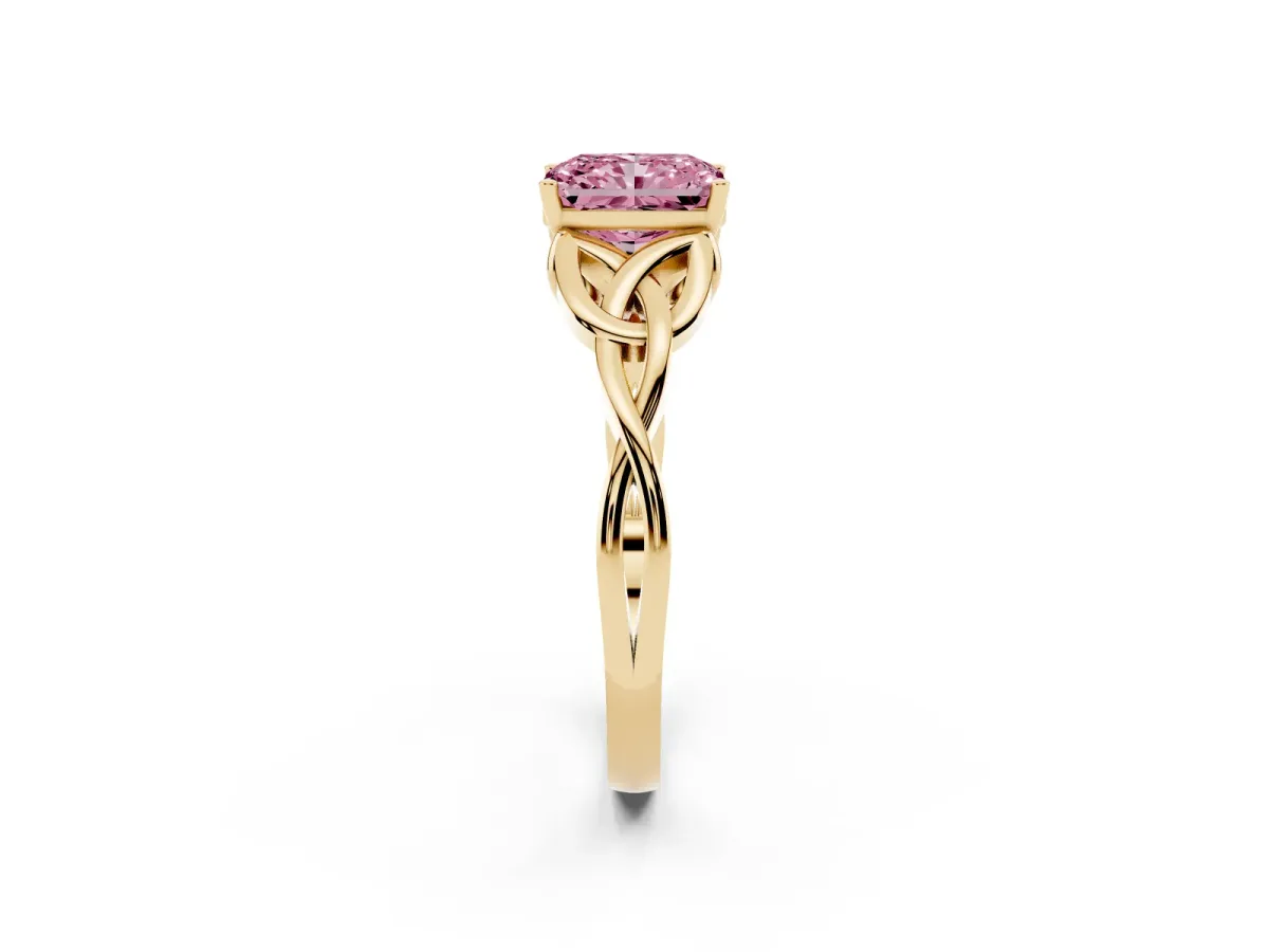 Fancy Pink Radiant Cut Diamond Solitaire Engagement Ring with Celtic Knot Band and Four-Prong Setting Yellow gold