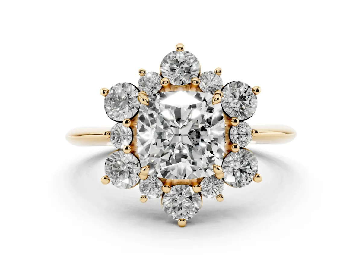 Cushion Cut Diamond Cluster Halo Ring with Solitaire Band and Four-Prong Setting Yellow gold