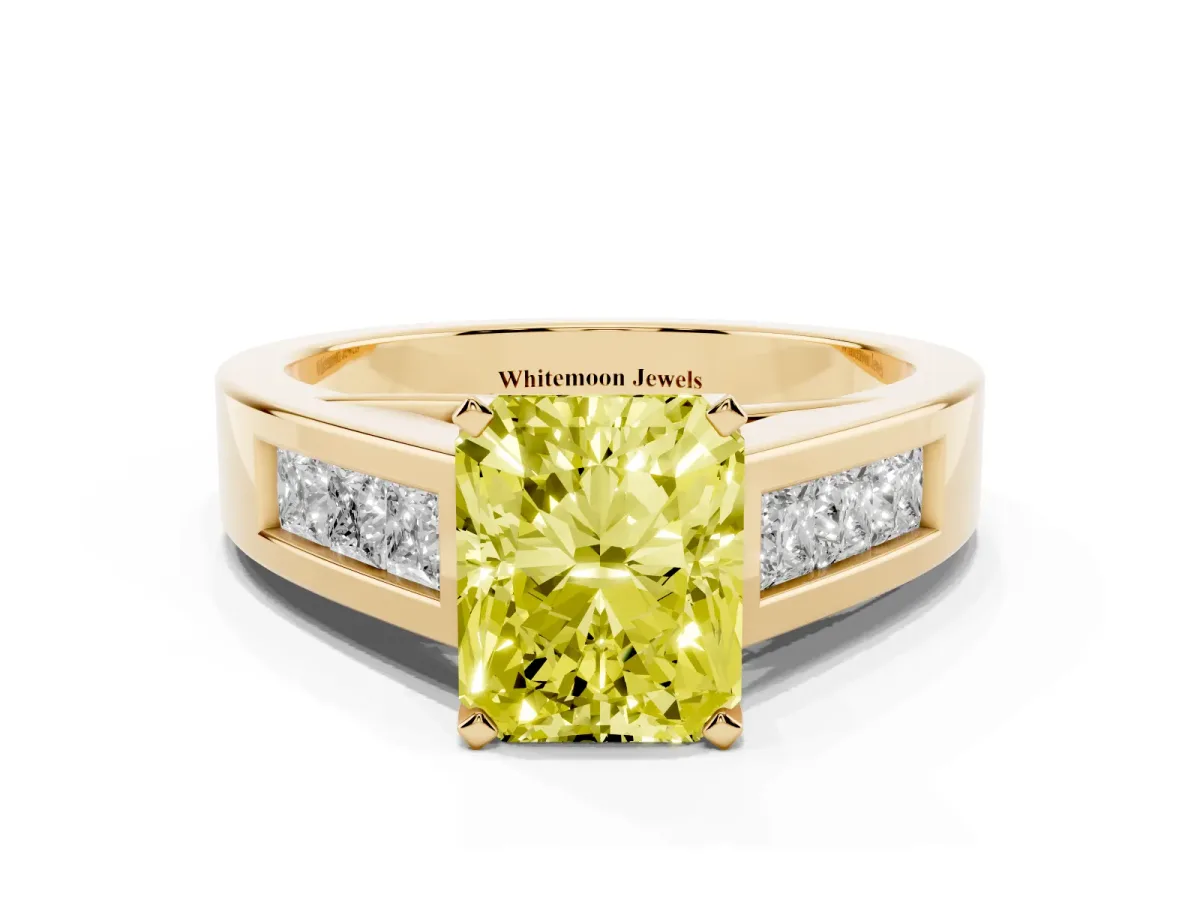 Fancy Yellow Radiant Cut Cut Channel Set Solitaire Ring with Four-Prong Setting Yellow gold
