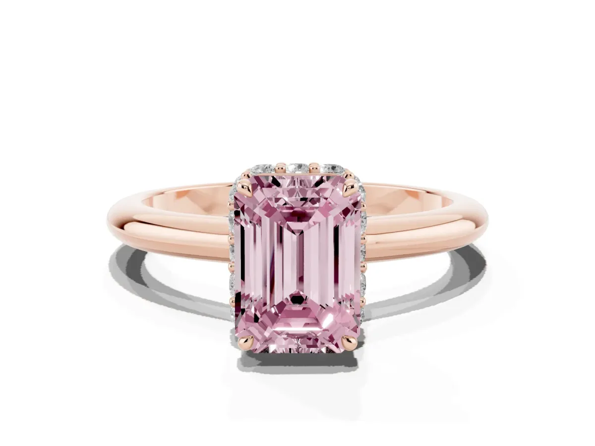 Fancy Pink Emerald Cut Brilliant Solitaire Engagement Ring with Six-Prong Setting and Classic Band Rose gold
