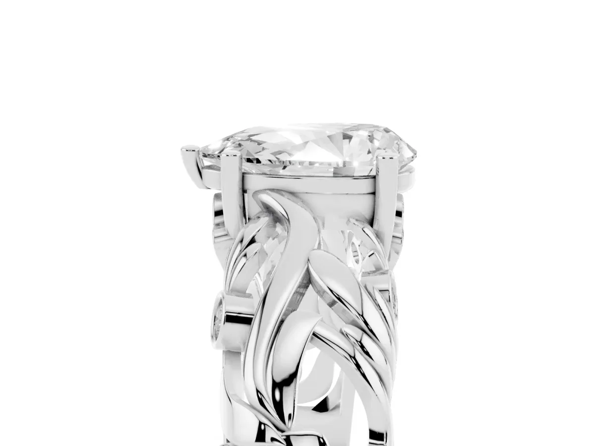 Pear Cut Solitaire Diamond Leaf-Inspired Vine Band Ring with Prong Setting Silver