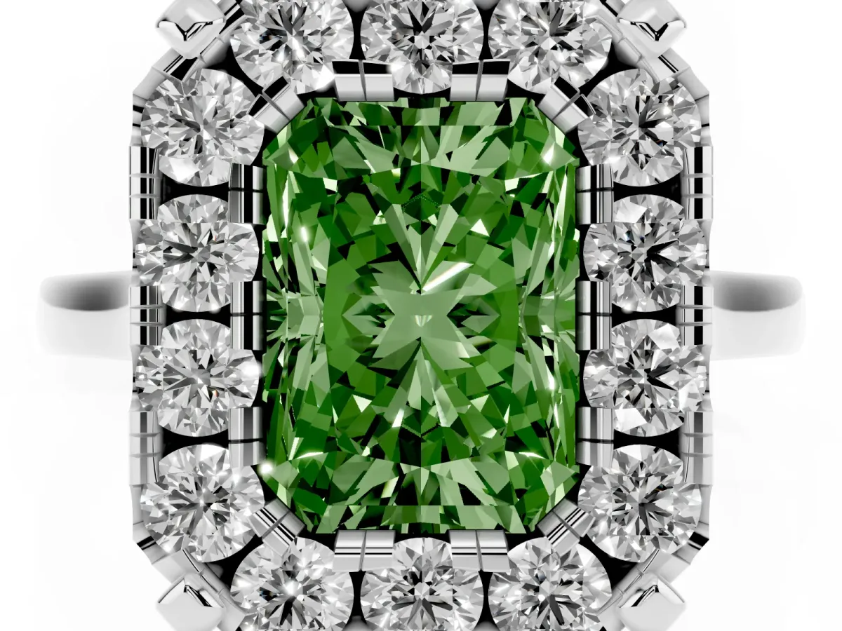 Fancy Green Radiant Cut Diamond Cluster Halo Solitaire with Four-Prong Setting Silver