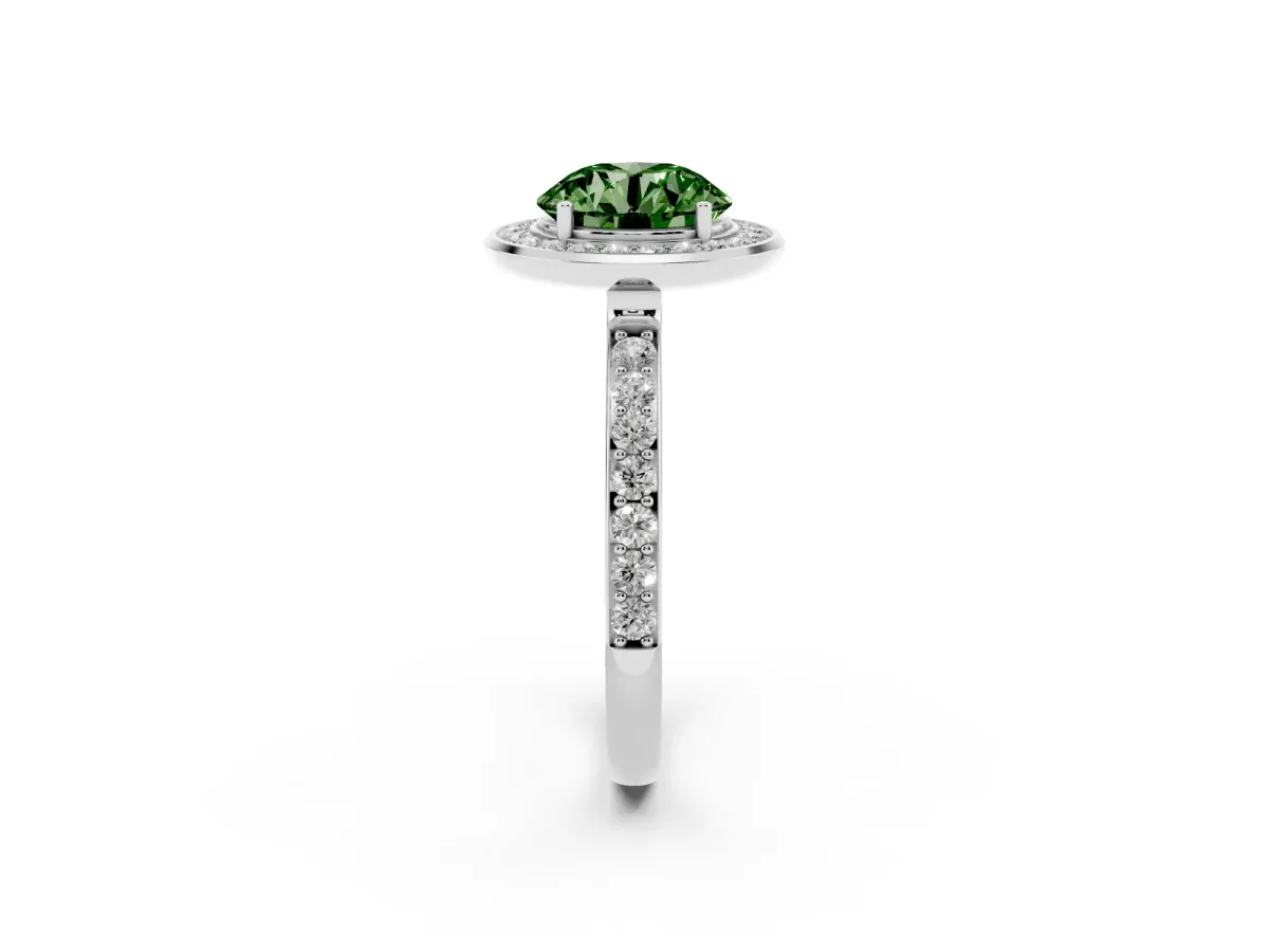 Fancy Green Round Cut Diamond Halo Ring with Bezel Frame and Pavé Band Silver