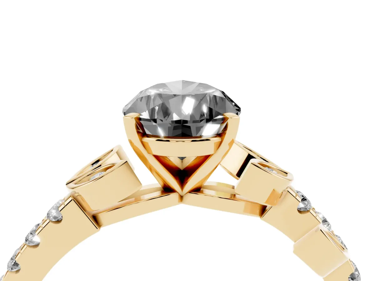 Fancy Black Pear Cut Solitaire Leaf-Inspired Diamond Ring with Pavé Band and Four-Prong Setting Yellow gold