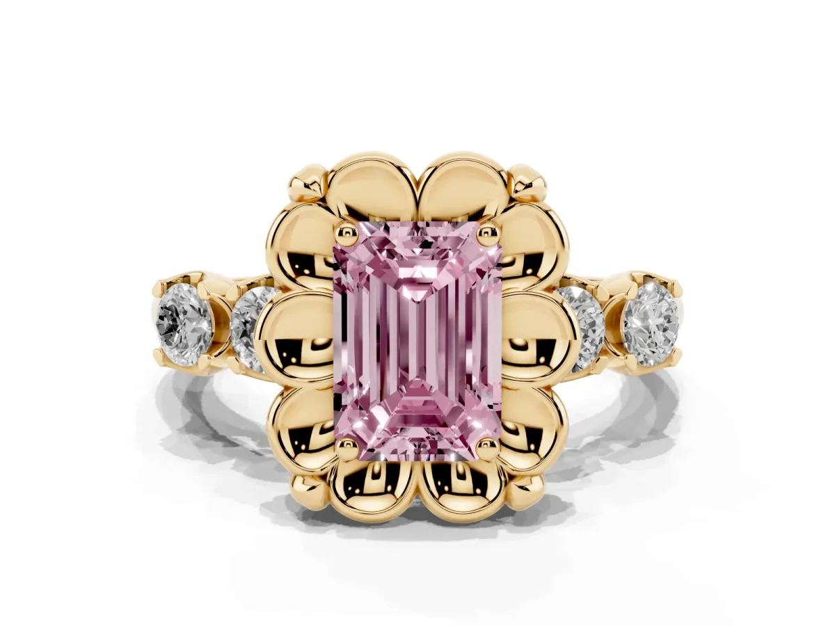 Fancy Pink Emerald Cut Cut Diamond Floral Halo Engagement Ring with Shared Prong Setting Yellow gold