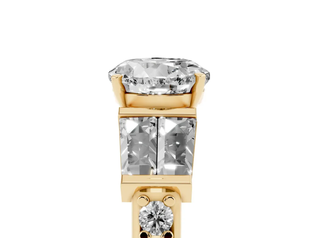 Round Cut Diamond Engagement Ring with Baguette Side Stones and Channel Set Band Yellow gold