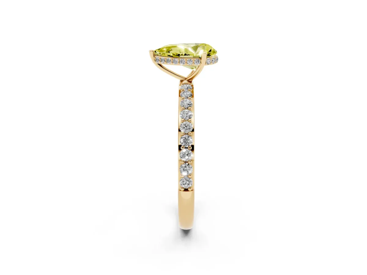 Fancy Yellow Pear Cut Diamond Solitaire Ring with Pavé Band and Hidden Halo Yellow gold
