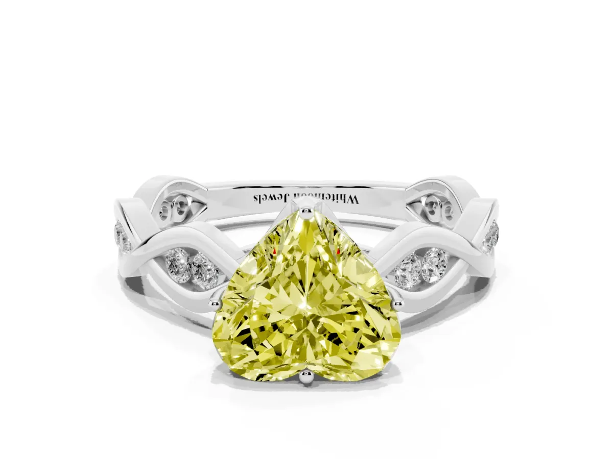 Fancy Yellow Heart Cut Solitaire Twist Band with Leaf Prong Setting White gold