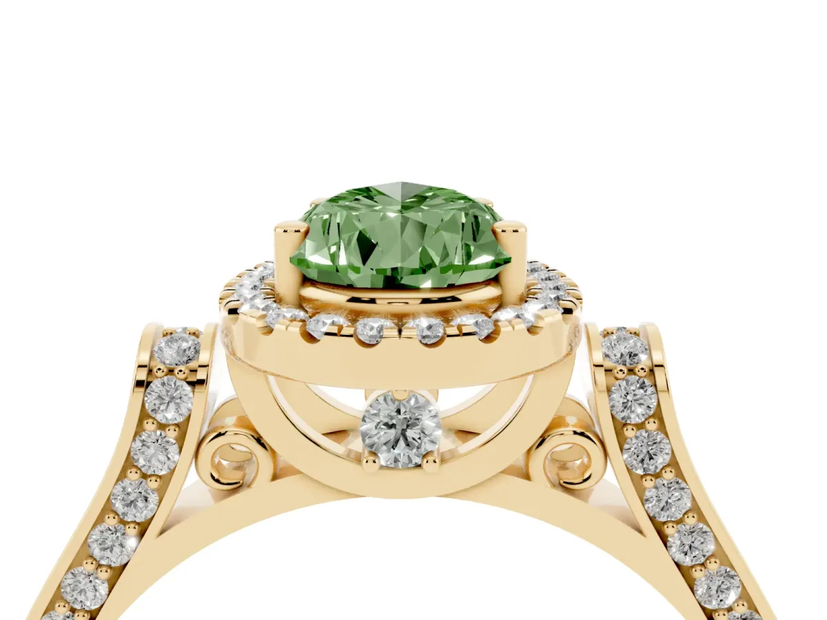 Fancy Green Pear Cut Halo Pave Split Shank Prong Setting Ring Yellow gold