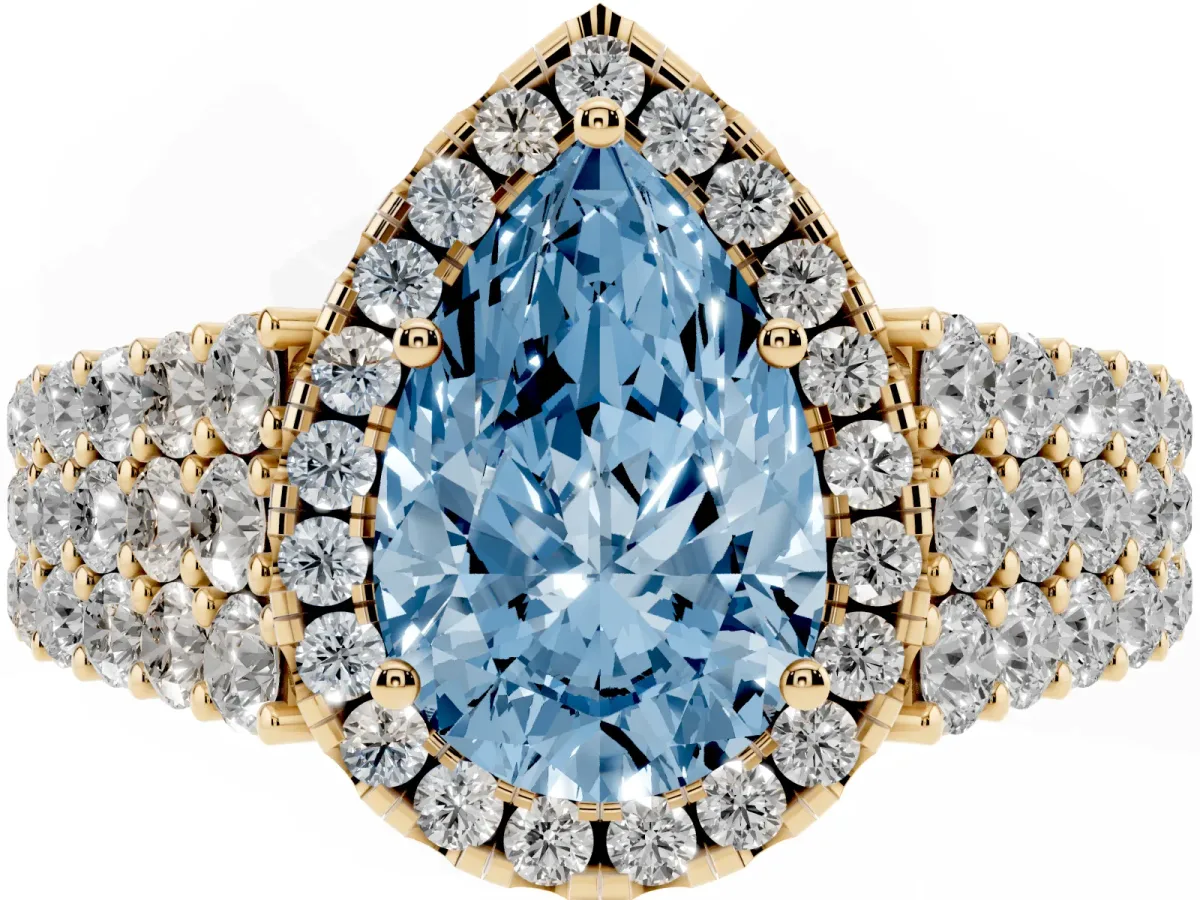 Fancy Blue Pear Cut Diamond Halo Engagement Ring with Triple Row Round Pavé Band and Prong Setting Yellow gold