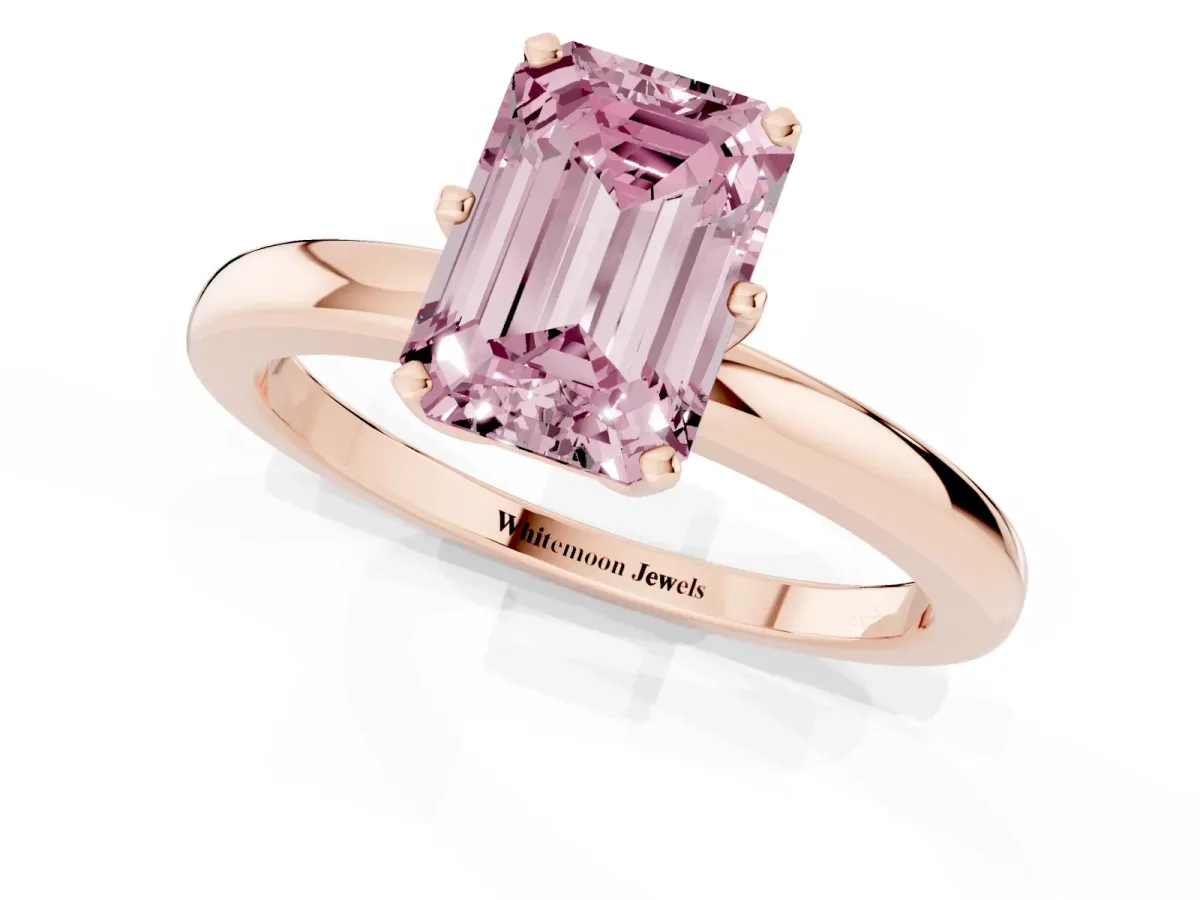 Fancy Pink Emerald Cut Solitaire Diamond Ring with Six-Prong Setting on a Classic Band Rose gold