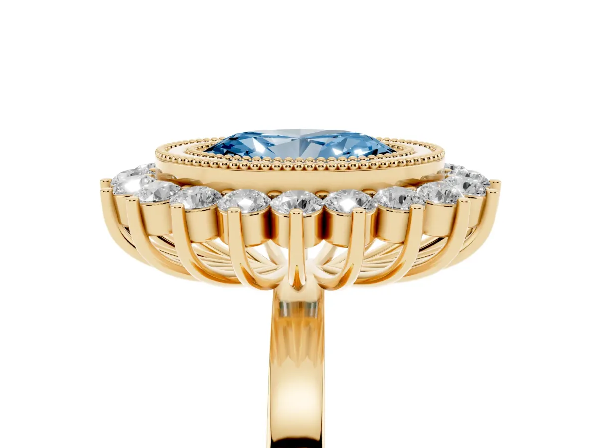 Fancy Blue Oval Cut Halo Diamond Ring with Milgrain Edge and Round Prong Setting Yellow gold