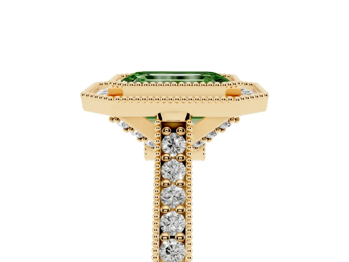 Fancy Green Halo Emerald Cut-Cut Diamond Pave Band Milgrain Prong Setting Ring Yellow gold