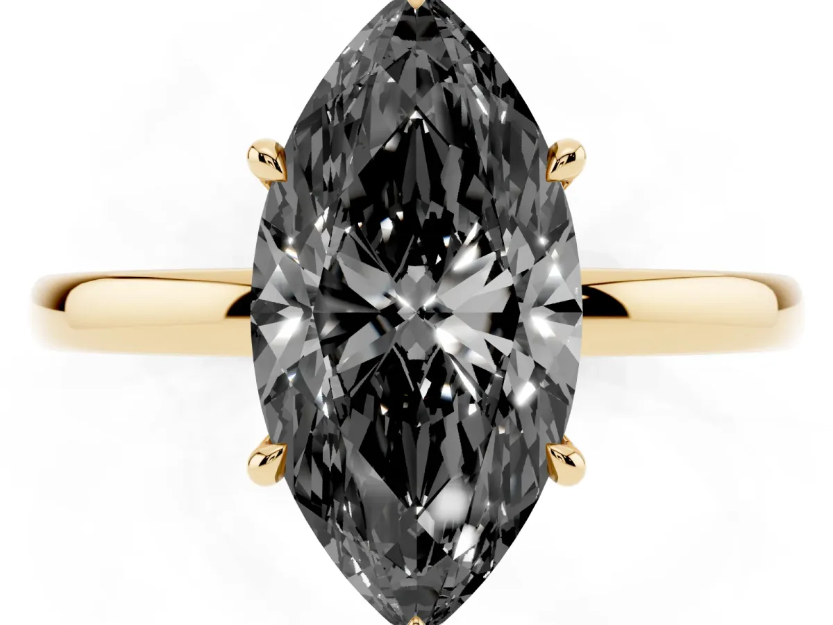 Fancy Black Marquise Cut Solitaire Engagement Ring with Cathedral Band and Four-Prong Setting Yellow gold