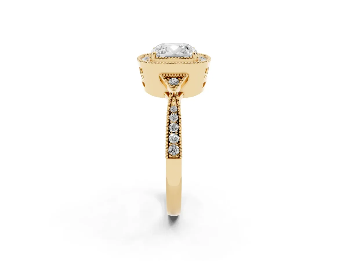 Cushion Cut Halo Round Diamond Milgrain Pave Engagement Ring Yellow gold