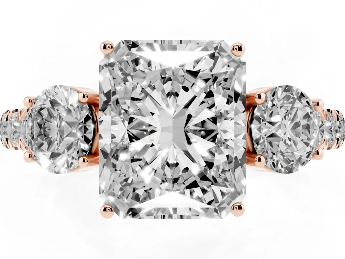 Radiant Cut Cut Diamond Three-Stone Ring with Round Side Stones and Pavé Band Rose gold
