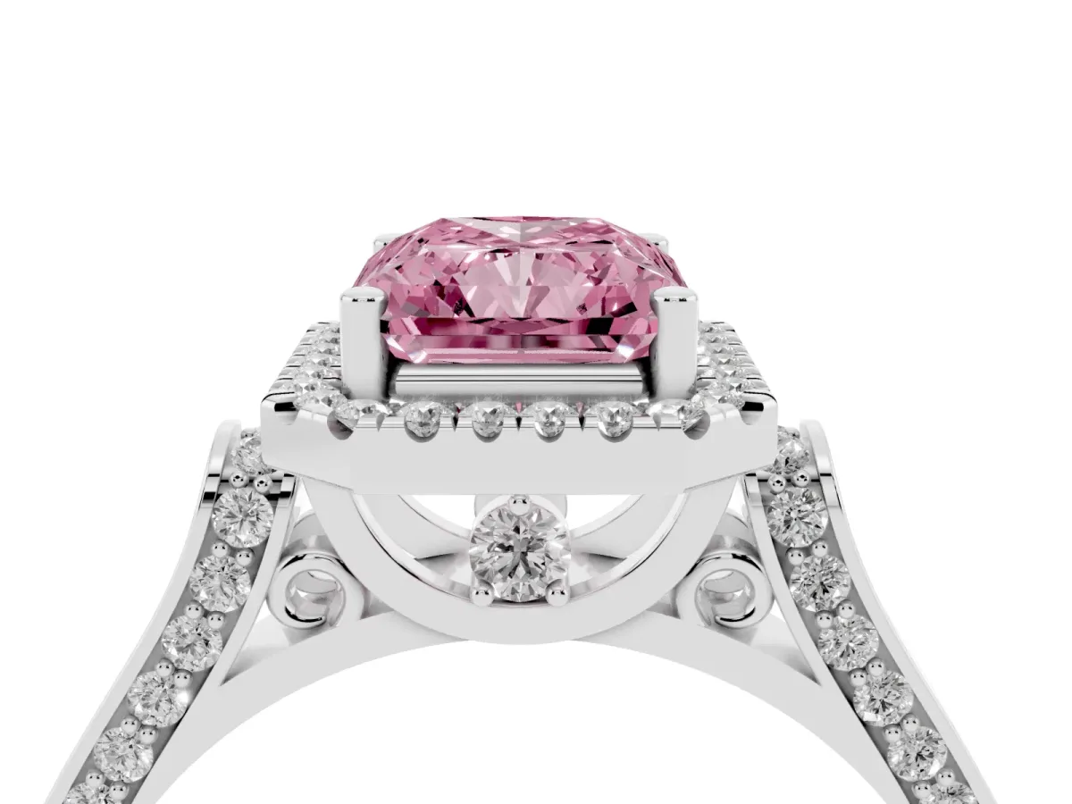 Fancy Pink Radiant Cut Halo Round Diamond Twist Band with Four-Prong Setting White gold
