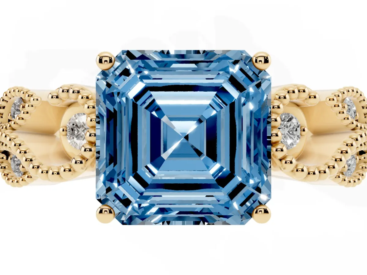 Fancy Blue Asscher Cut Solitaire Milgrain Leaf Band with Prong Setting Yellow gold