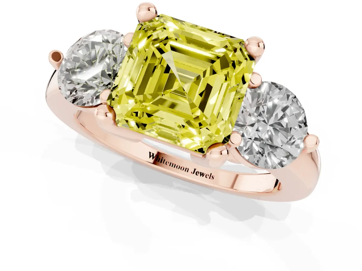 Fancy Yellow Three-Stone Asscher Cut Brilliant Cut Solitaire Ring with Prong Setting on a Classic Band Rose gold