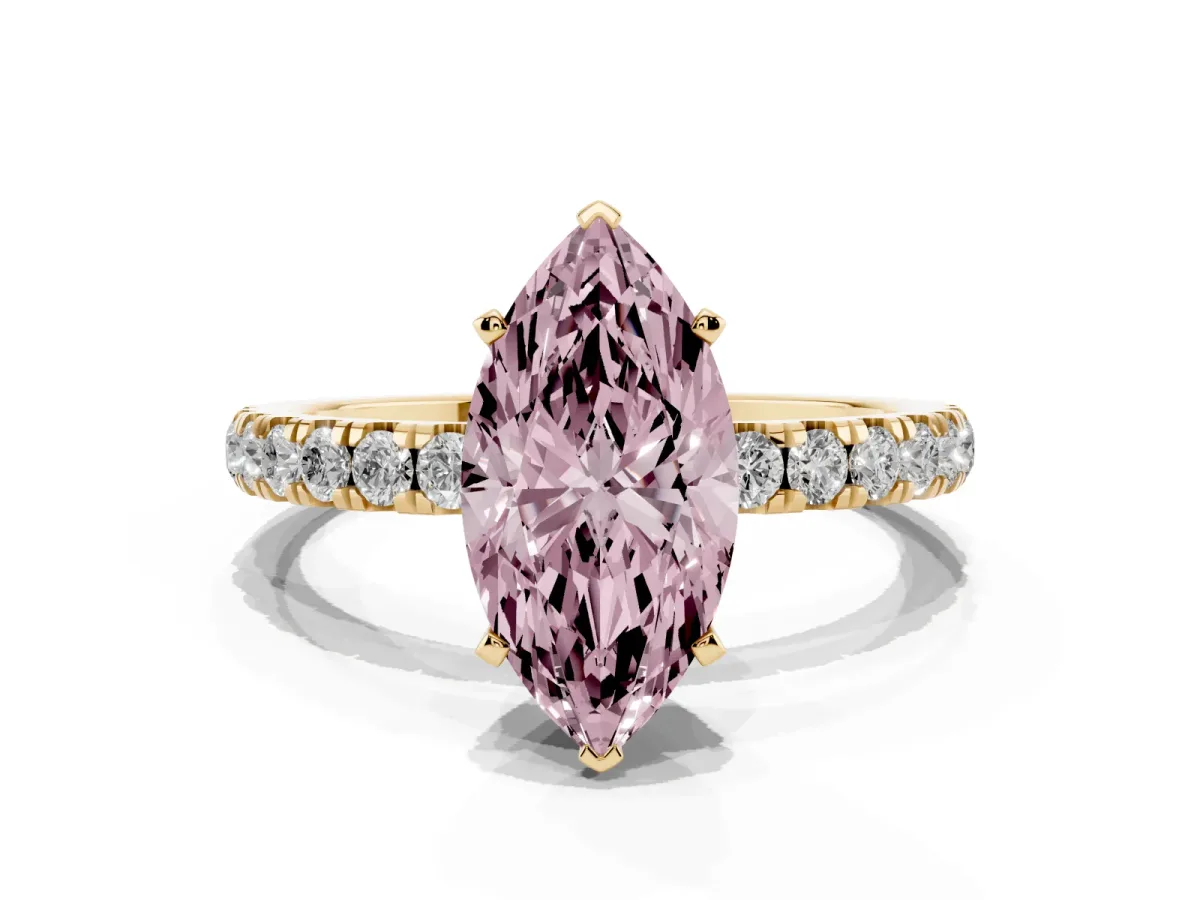 Fancy Pink Marquise Cut Diamond Solitaire Ring with Pavé Accents and Four-Prong Setting Yellow gold