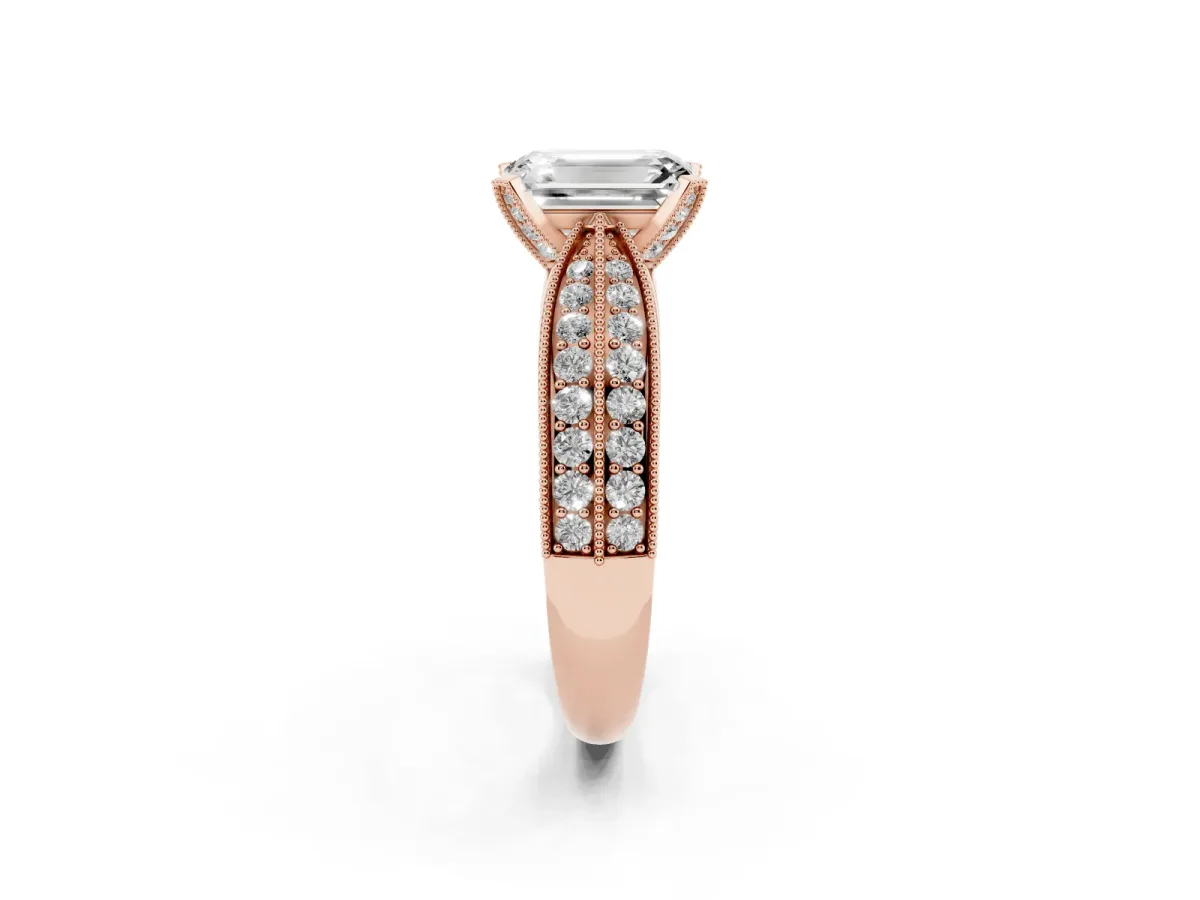 Emerald Cut Diamond Solitaire Ring with Milgrain Round Pavé Band and Prong Setting Rose gold