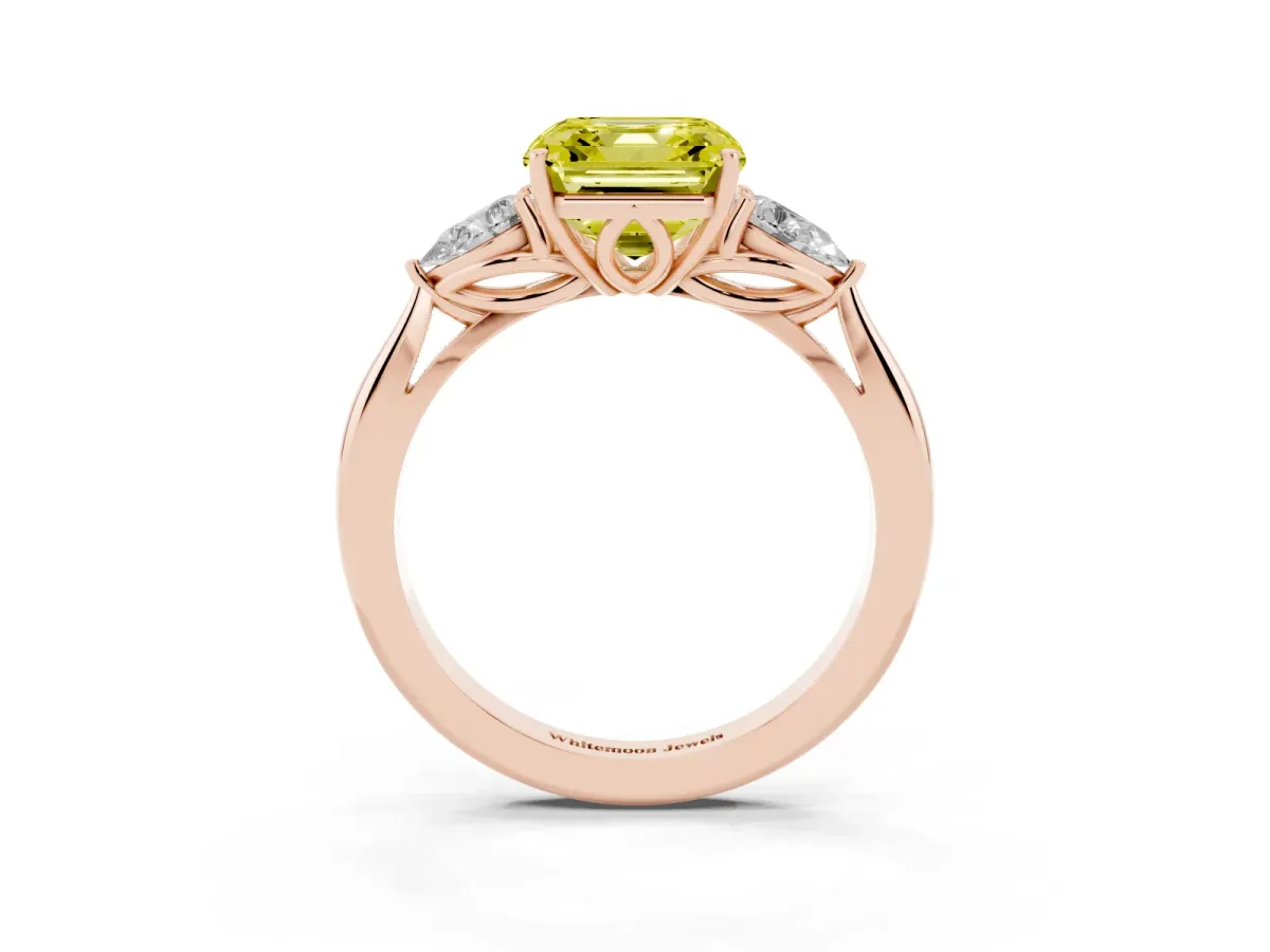 Fancy Yellow Three-Stone Asscher Cut Diamond Ring with Pear Side Stones in Four-Prong Setting Rose gold