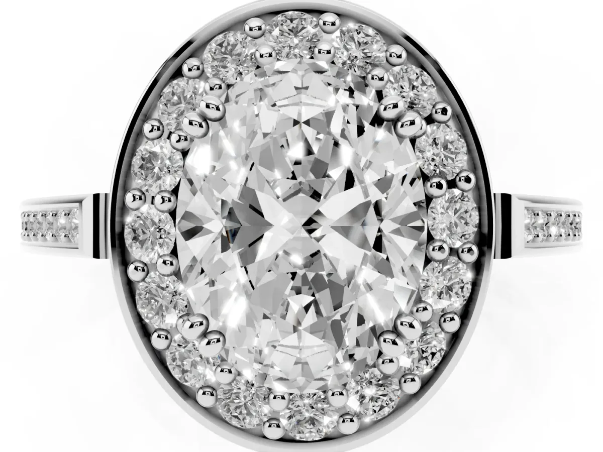 Oval Cut Diamond Halo Ring with Split Shank and Four-Prong Setting Silver