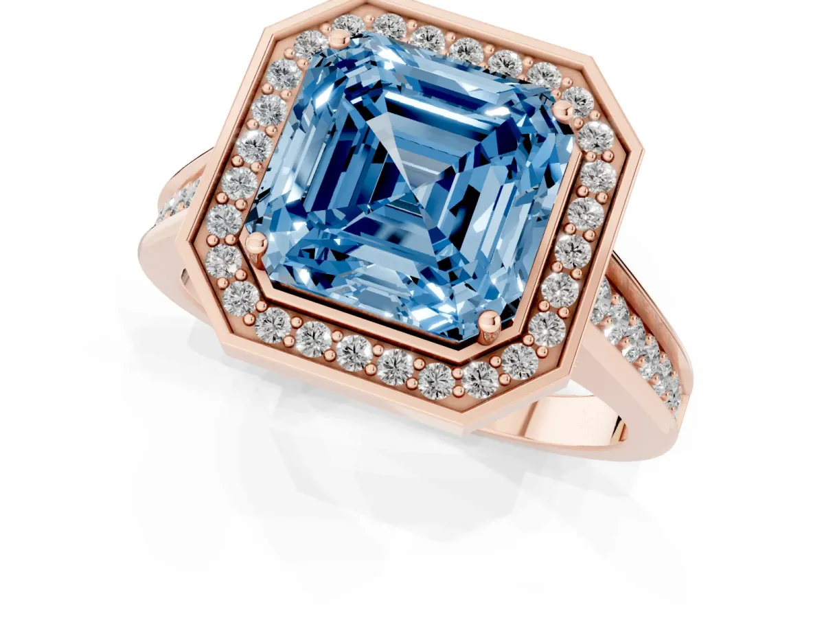 Fancy Blue Asscher Cut Halo Solitaire Diamond Ring with Pave Band and Bezel Setting Rose gold