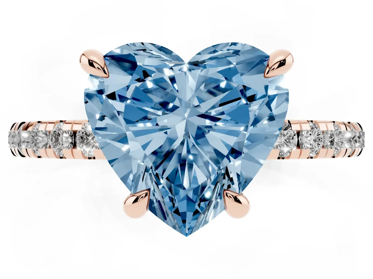 Fancy Blue Heart Cut Diamond Brilliant Solitaire Ring with Pavé Band and Four-Prong Setting Rose gold