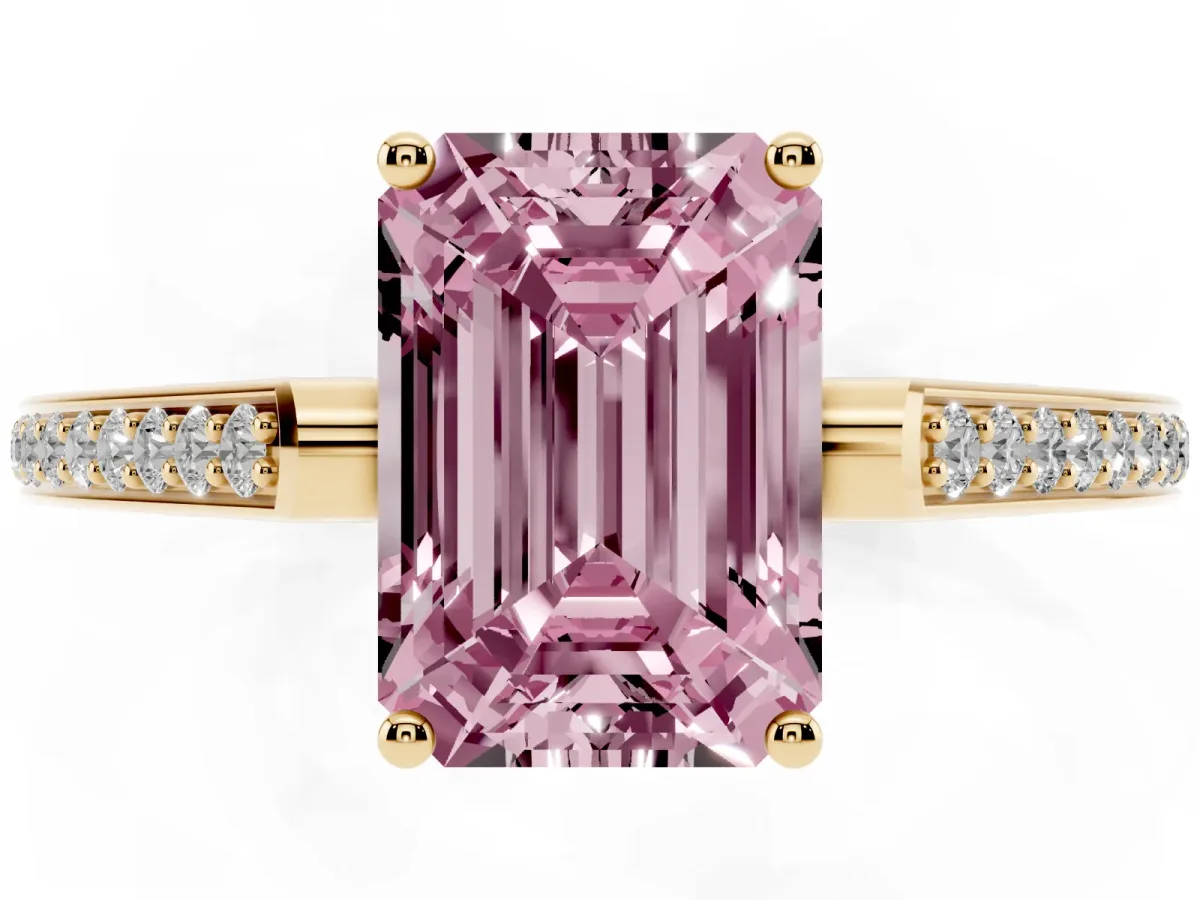 Fancy Pink Emerald Cut Cut Cathedral Pave Diamond Engagement Ring with Six-Prong Setting Yellow gold