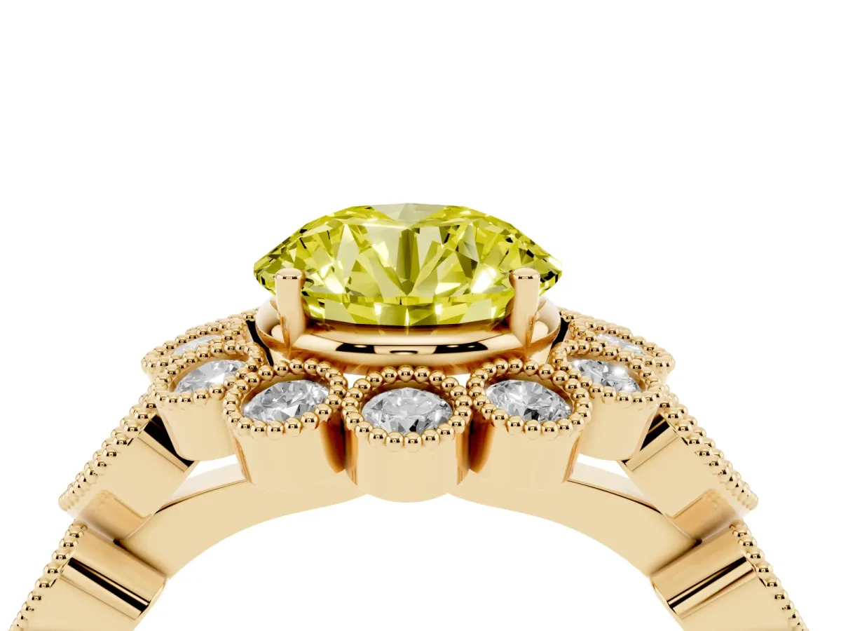 Fancy Yellow Round Cut Brilliant Milgrain Pave Heart Band Solitaire Ring Yellow gold
