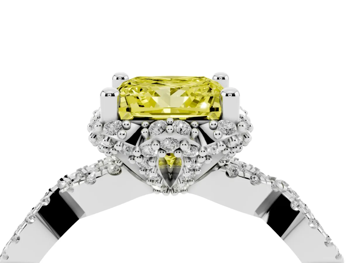 Fancy Yellow Princess Cut Halo Twist Band Solitaire Ring with Six-Prong Setting Silver