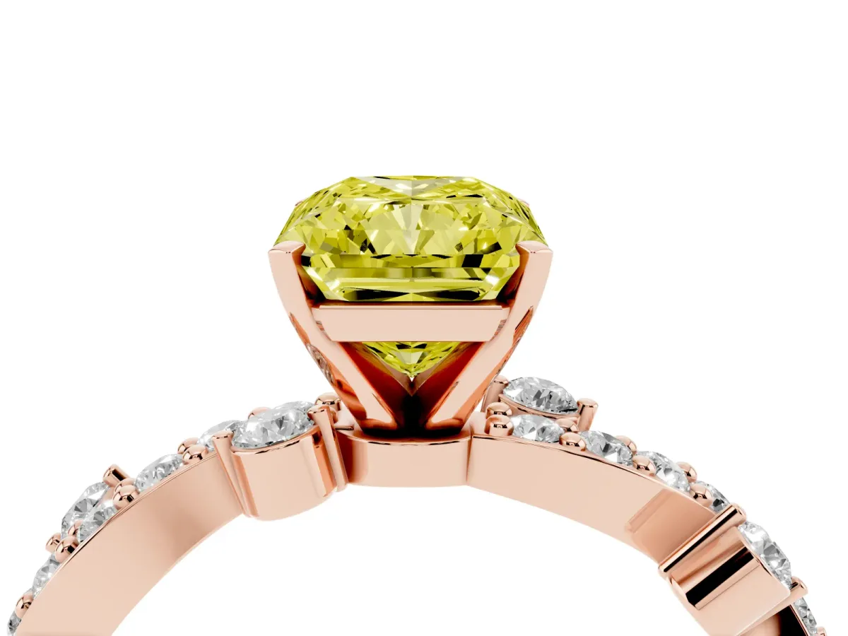 Fancy Yellow Radiant Cut Cut Solitaire Diamond Twisted Band with Pave Setting Rose gold