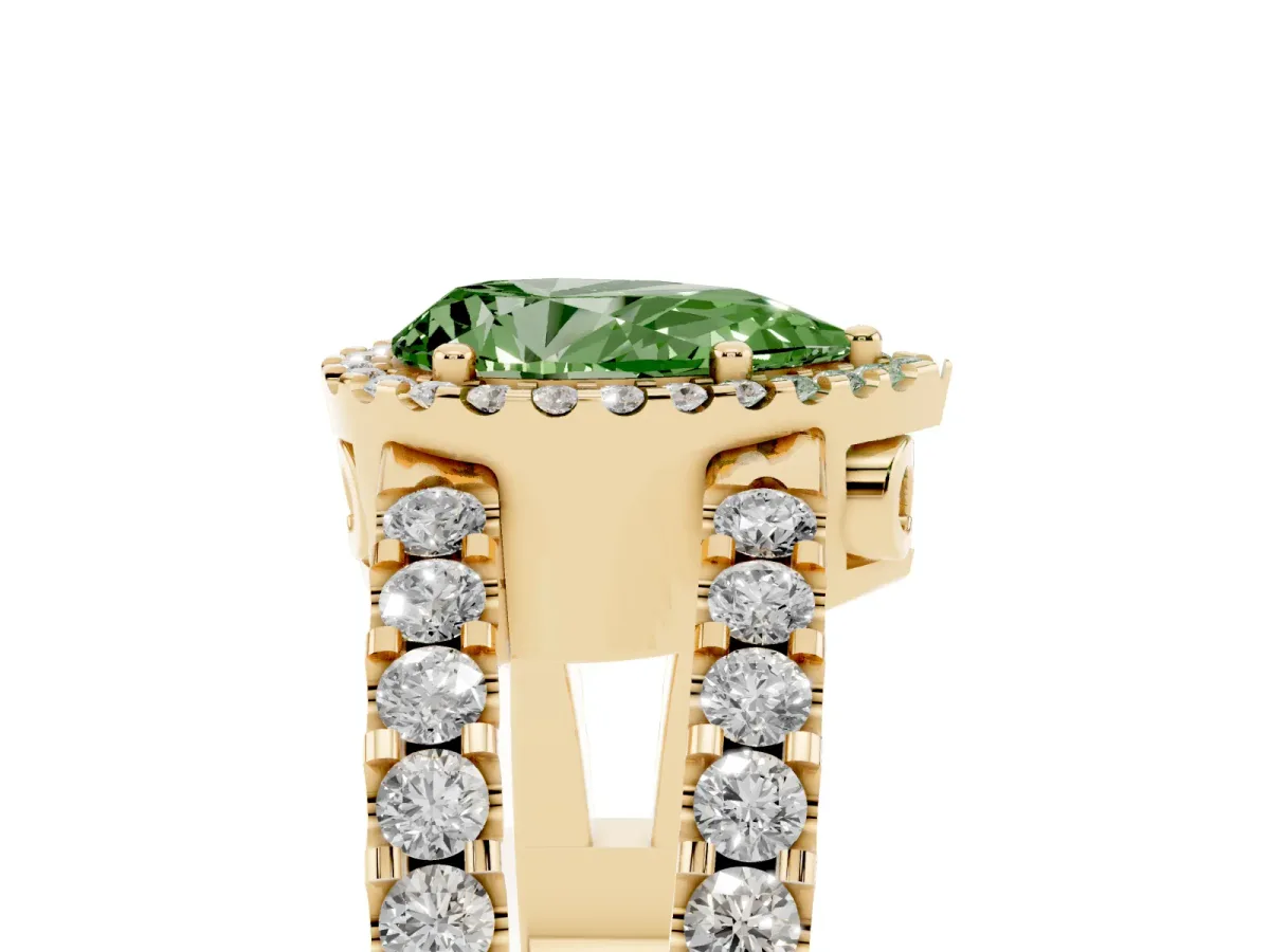 Fancy Green Pear Cut Cut Halo Split Shank Diamond Ring with Four-Prong Setting Yellow gold