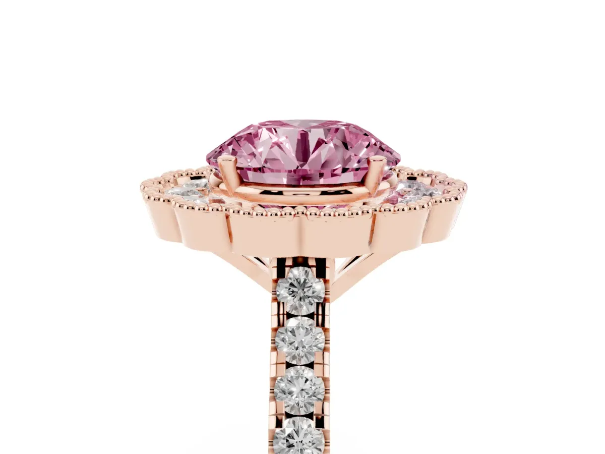Fancy Pink Round Cut Cut Diamond Milgrain Floral Halo Engagement Ring with Pavé Band Rose gold
