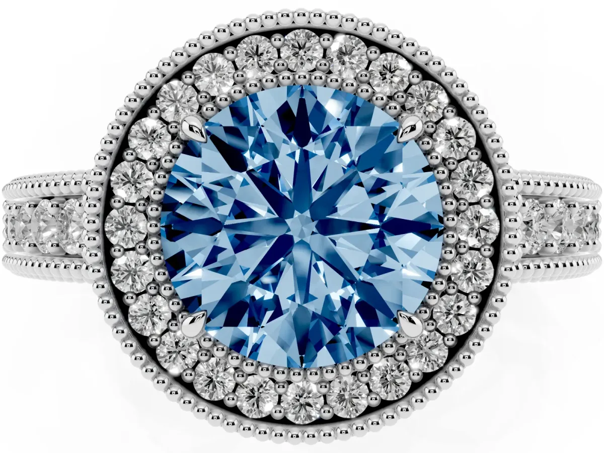Fancy Blue Round Cut Cut Halo Diamond Ring with Pavé Band and Four-Prong Setting Silver