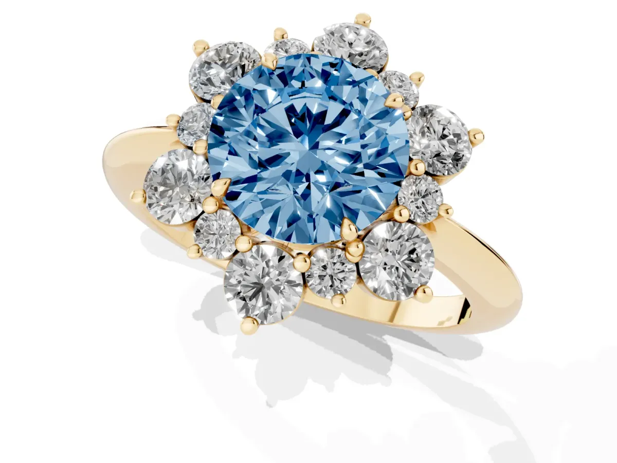 Fancy Blue Round Cut Diamond Cluster Halo Ring with Solitaire Band and Four-Prong Setting Yellow gold
