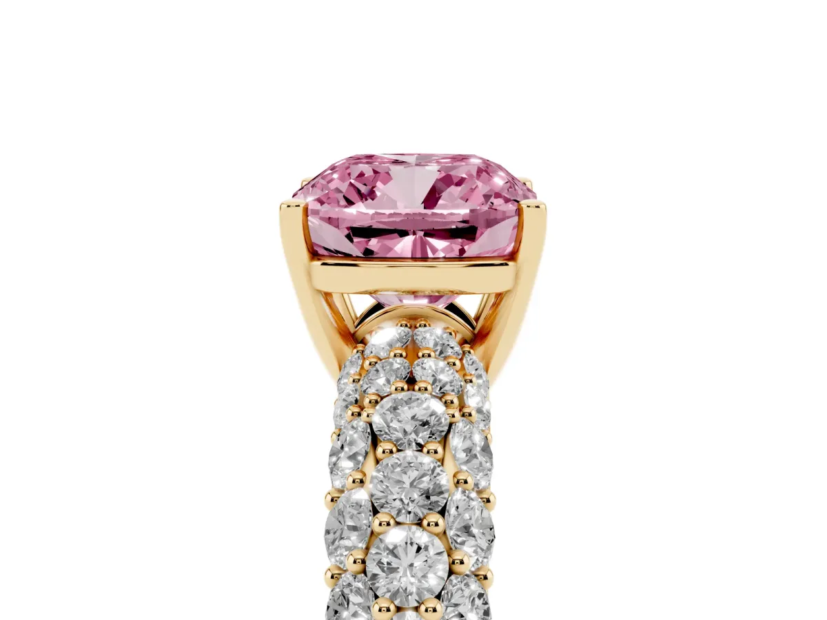 Fancy Pink Cushion Cut Diamond Pavé Band Solitaire Ring with Four-Prong Setting Yellow gold