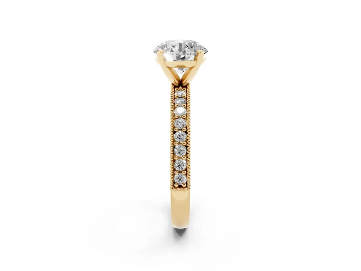 Round Cut Diamond Milgrain Pavé Engagement Ring with Four-Prong Setting Yellow gold