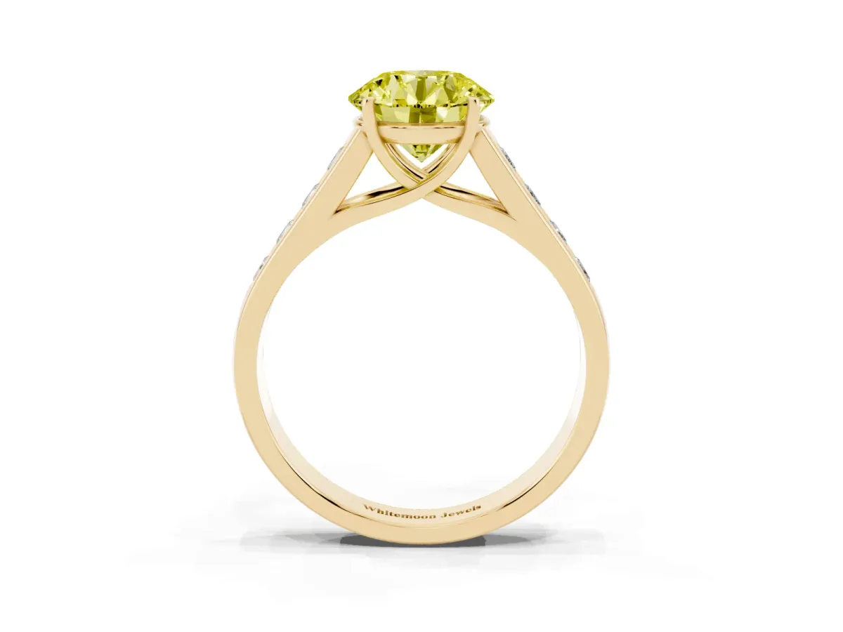 Fancy Yellow Round Cut Brilliant Channel-Set Solitaire Ring with Four-Prong Setting Yellow gold