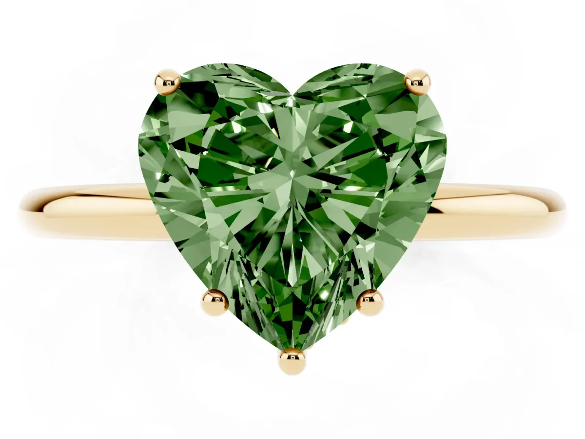 Fancy Green Heart Cut Solitaire Diamond Ring with a Classic Band and Four-Prong Setting Yellow gold