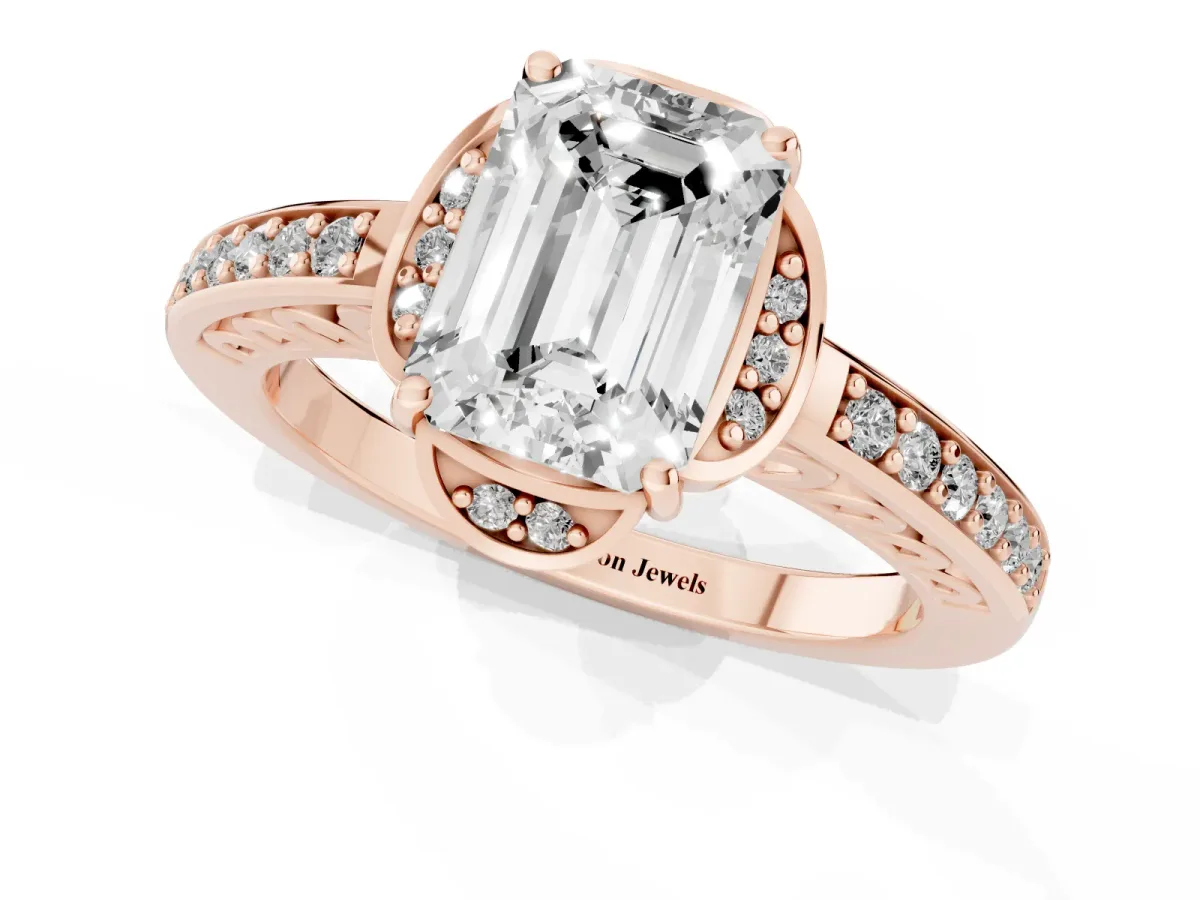 Emerald Cut Cut Halo Diamond Ring with Channel Set Band and Four-Prong Setting Rose gold