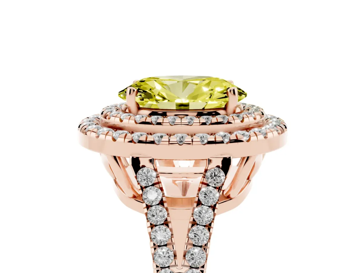 Fancy Yellow Oval Cut Diamond Double Halo Ring with Pavé Band and Prong Setting Rose gold
