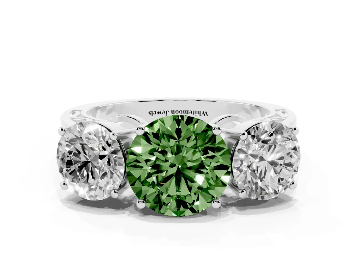 Fancy Green Round Cut Diamond Three-Stone Ring with Prong Setting and Textured Band Silver