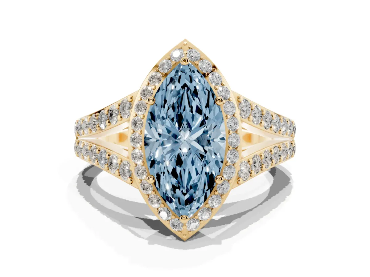 Fancy Blue Marquise Cut Diamond Split Shank Halo Ring with Four-Prong Setting Yellow gold