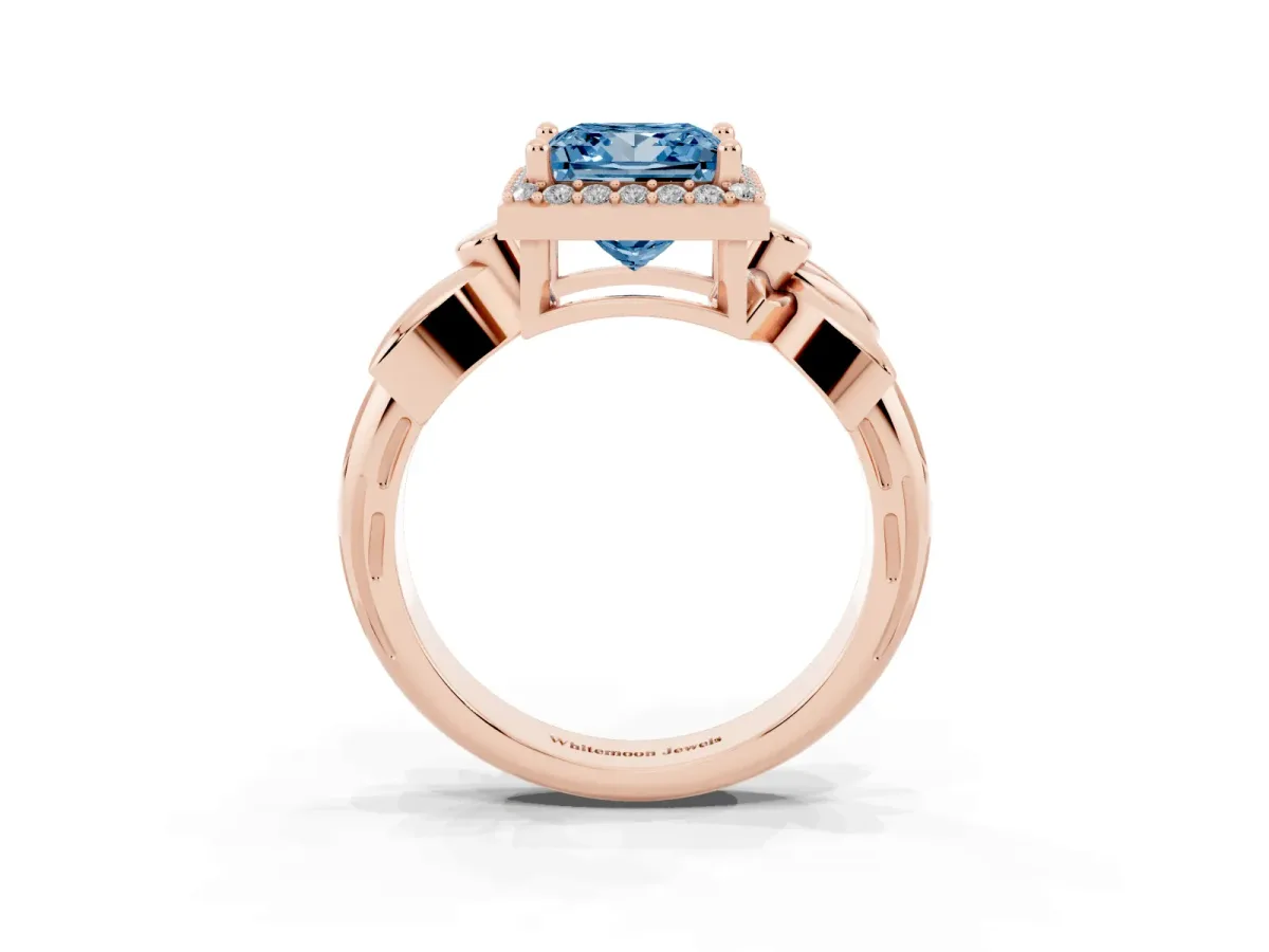 Fancy Blue Princess Cut Halo Diamond Floral Band with Four-Prong Setting Rose gold
