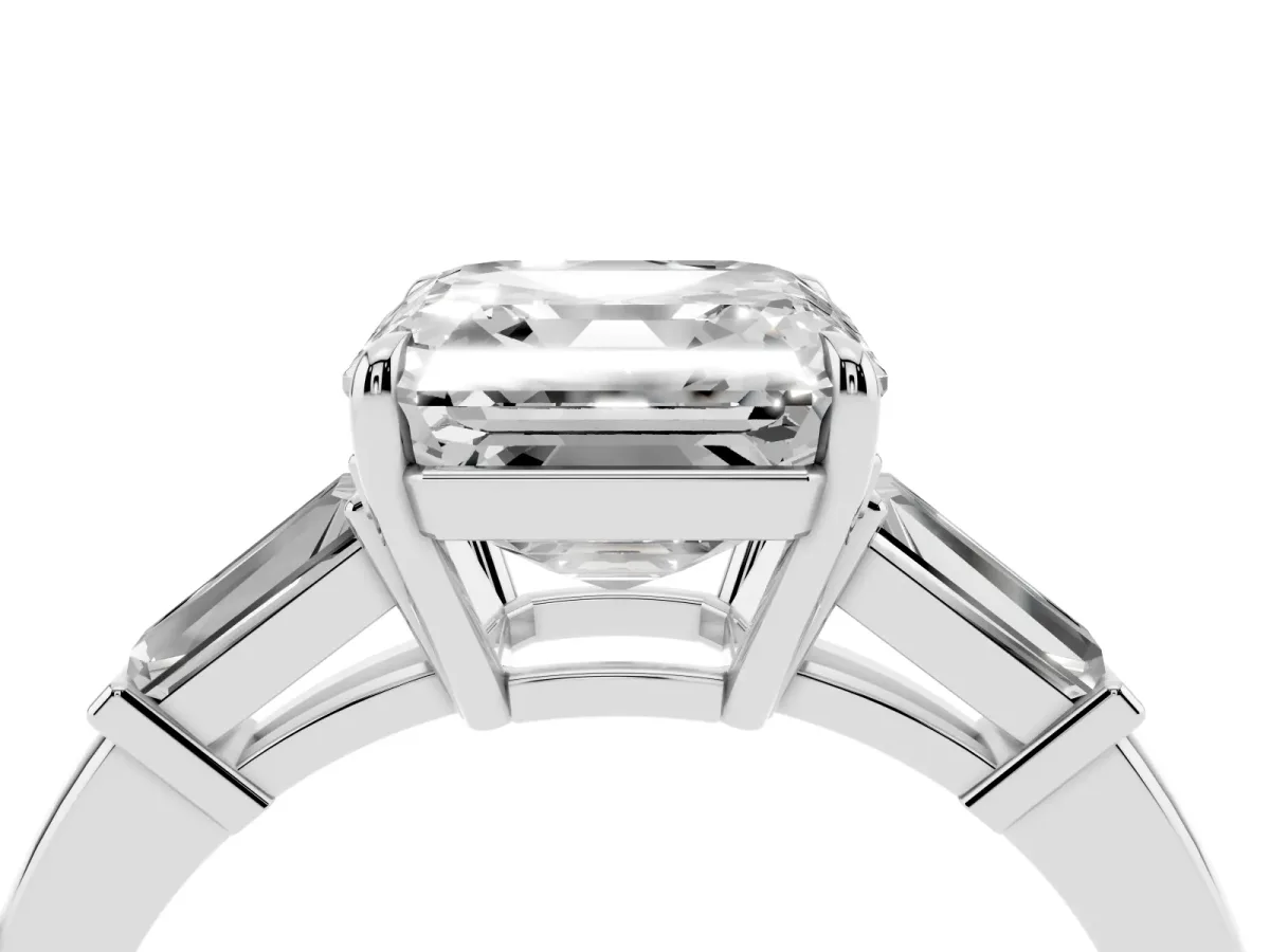 Asscher Cut Diamond Three-Stone Ring with Tapered Baguette Side Stones and Prong Setting Silver