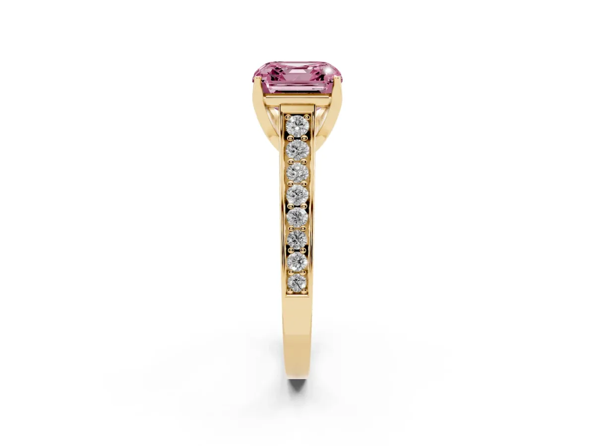 Fancy Pink Asscher Cut Brilliant Cut Diamond Engagement Ring with Pavé Band and Four-Prong Setting Yellow gold