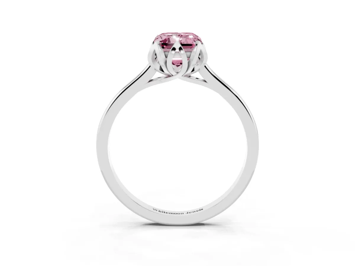 Fancy Pink Emerald Cut Diamond Solitaire Ring with Flower Prong Setting and Classic Band Silver