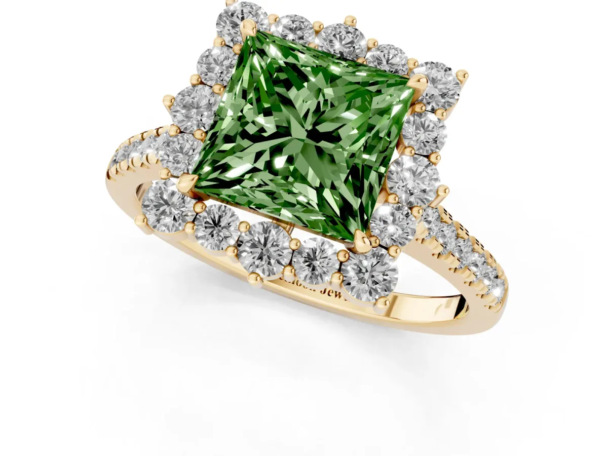 Fancy Green Princess Cut Halo Diamond Ring with Pavé Band and Prong Setting Yellow gold